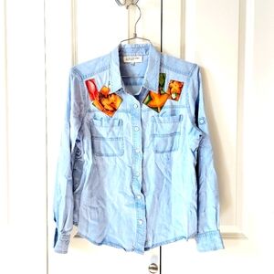 Autumn‎ Leaf Patchwork Light Chambray Denim Shirt Petite Large Jones New York